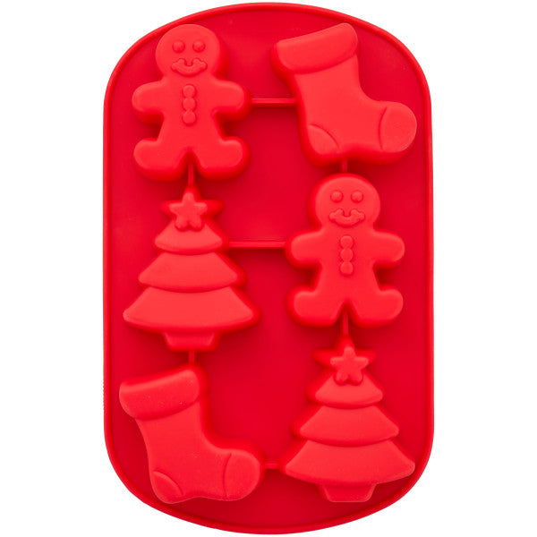 Wilton Christmas Stocking, Tree and Gingerbread Boy Silicone Baking and Candy Mold, 6-Cavity