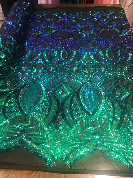 Royalty Sequin Damask 4 Way Stretch Mesh Fabric - Iridescent Sequin Damask, 54" Width (1 Yard)