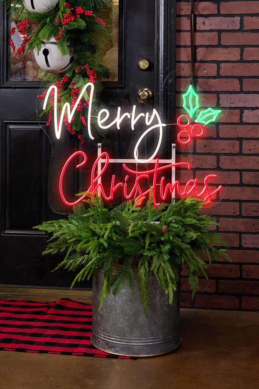 21.5 Inch Merry Christmas Lit Neon Metal Yard Stake Festive Outdoor Holiday Sign