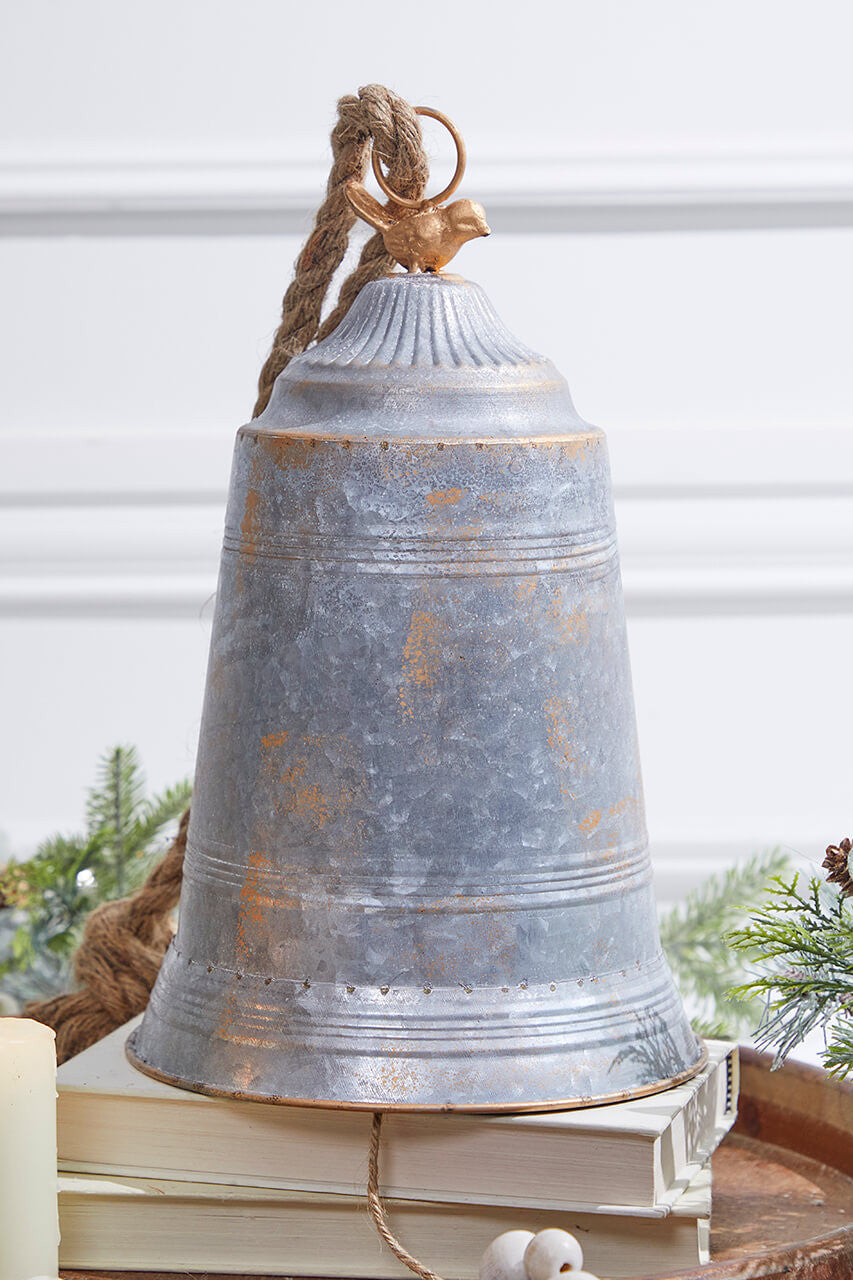 Rustic Metal Hanging Bell Decor 12.5 Inch Gold Distressed Finish