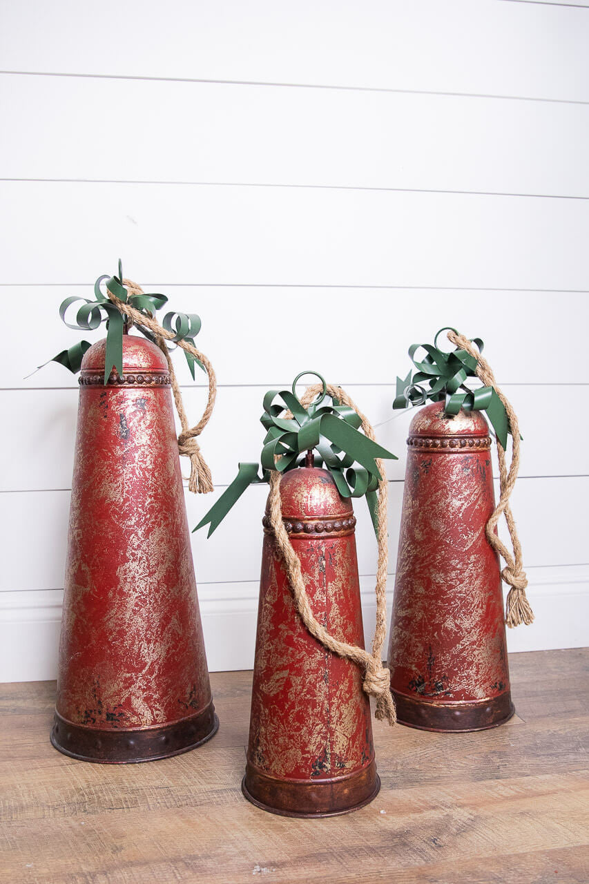 Metal Holiday Bells with Bow & Jute Hanger Set of 3 Rustic Christmas Farmhouse Décor