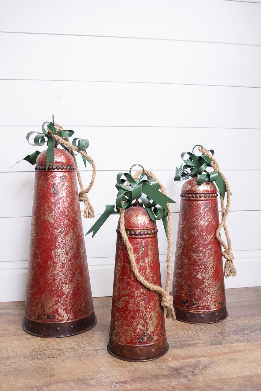 Metal Holiday Bells with Bow & Jute Hanger - Set of 3