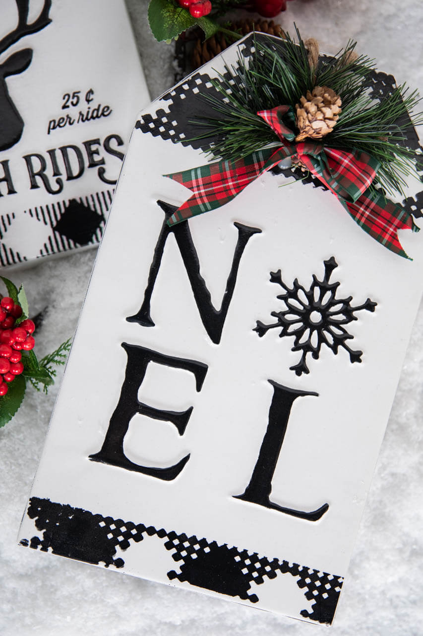 12” Metal Embossed Holiday Wall Sign with Floral Accent
