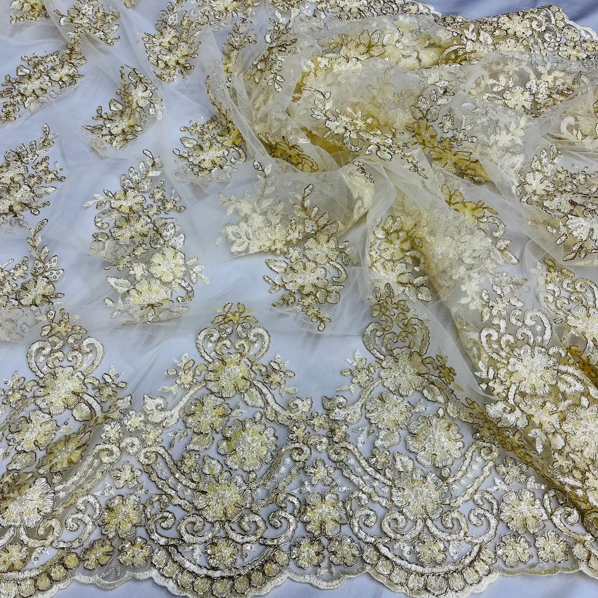 Beaded Corded Lace Fabric Metallic Scallops