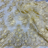 Beaded Corded Lace Fabric - Scalloped Embroidered Metallic Lace, 54" Width (1 Yard)