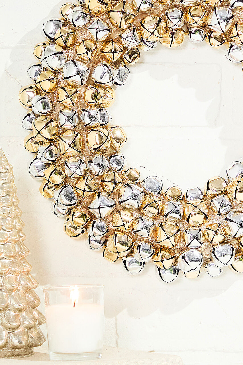 12" Jingle Bell Wreath with Ribbon - Metallic