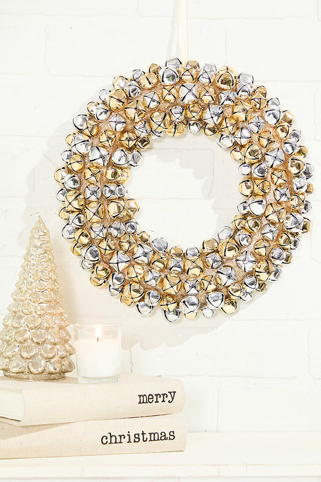 12" Jingle Bell Wreath with Ribbon - Metallic