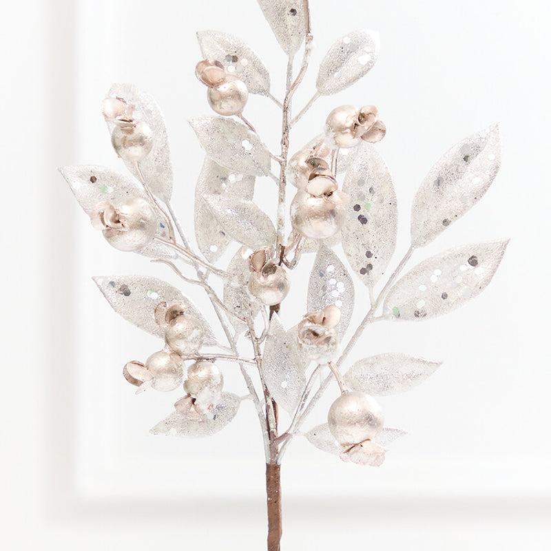 15" Glitter Metallic Berry Leaves Pick