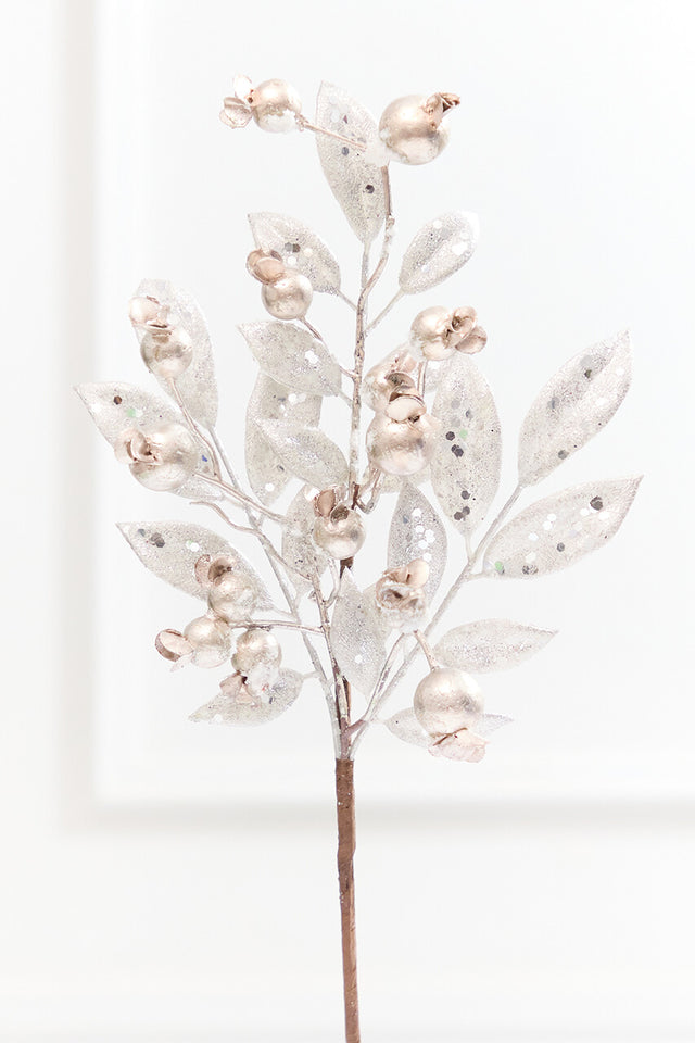 15" Glitter Metallic Berry Leaves Pick