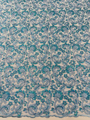 Metallic Corded Lace Design Embroidered Lace Fabric - Metallic Floral Sequins, 54" Width (1 Yard)