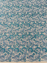 Metallic Corded Lace Design Embroidered Lace Fabric - Metallic Floral Sequins, 54" Width (1 Yard)