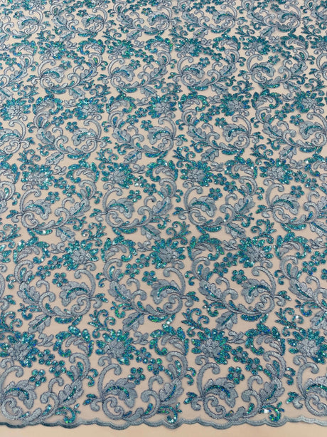 Metallic Corded Lace Design Embroidered Lace Fabric - Metallic Floral Sequins, 54" Width (1 Yard)