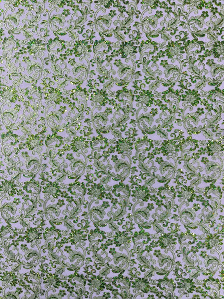 Metallic Corded Lace Design Embroidered Lace Fabric - Metallic Floral Sequins, 54" Width (1 Yard)
