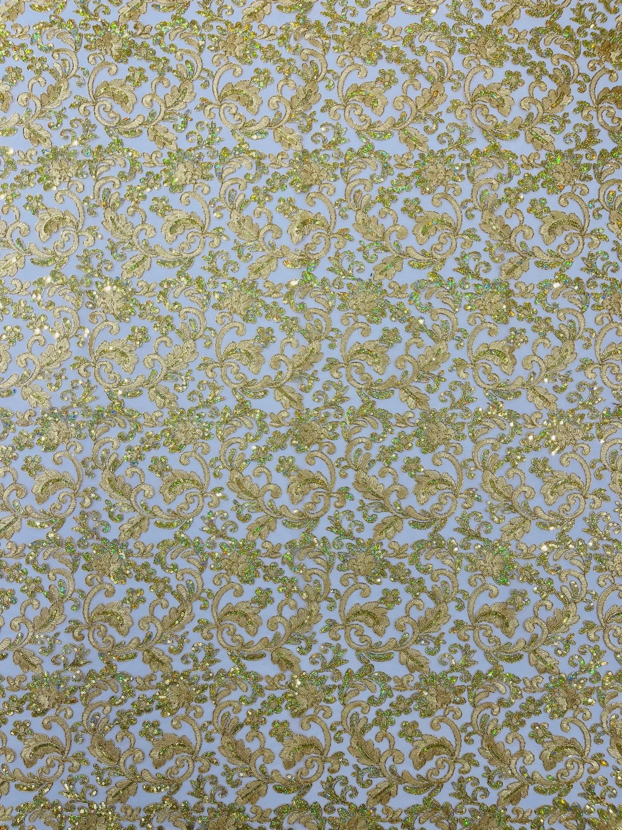Metallic Corded Lace Design Embroidered Lace Fabric - Metallic Floral Sequins, 54" Width (1 Yard)