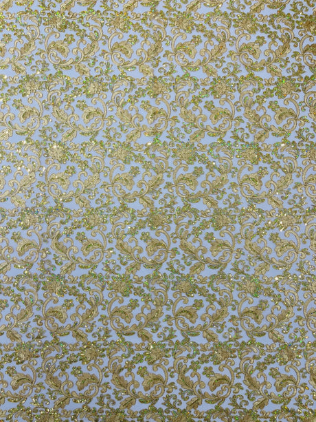 Metallic Corded Lace Design Embroidered Lace Fabric - Metallic Floral Sequins, 54" Width (1 Yard)