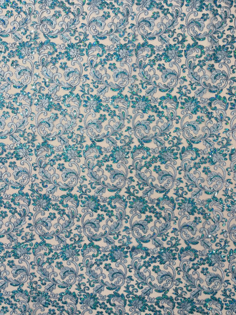 Metallic Corded Lace Design Embroidered Lace Fabric - Metallic Floral Sequins, 54" Width (1 Yard)