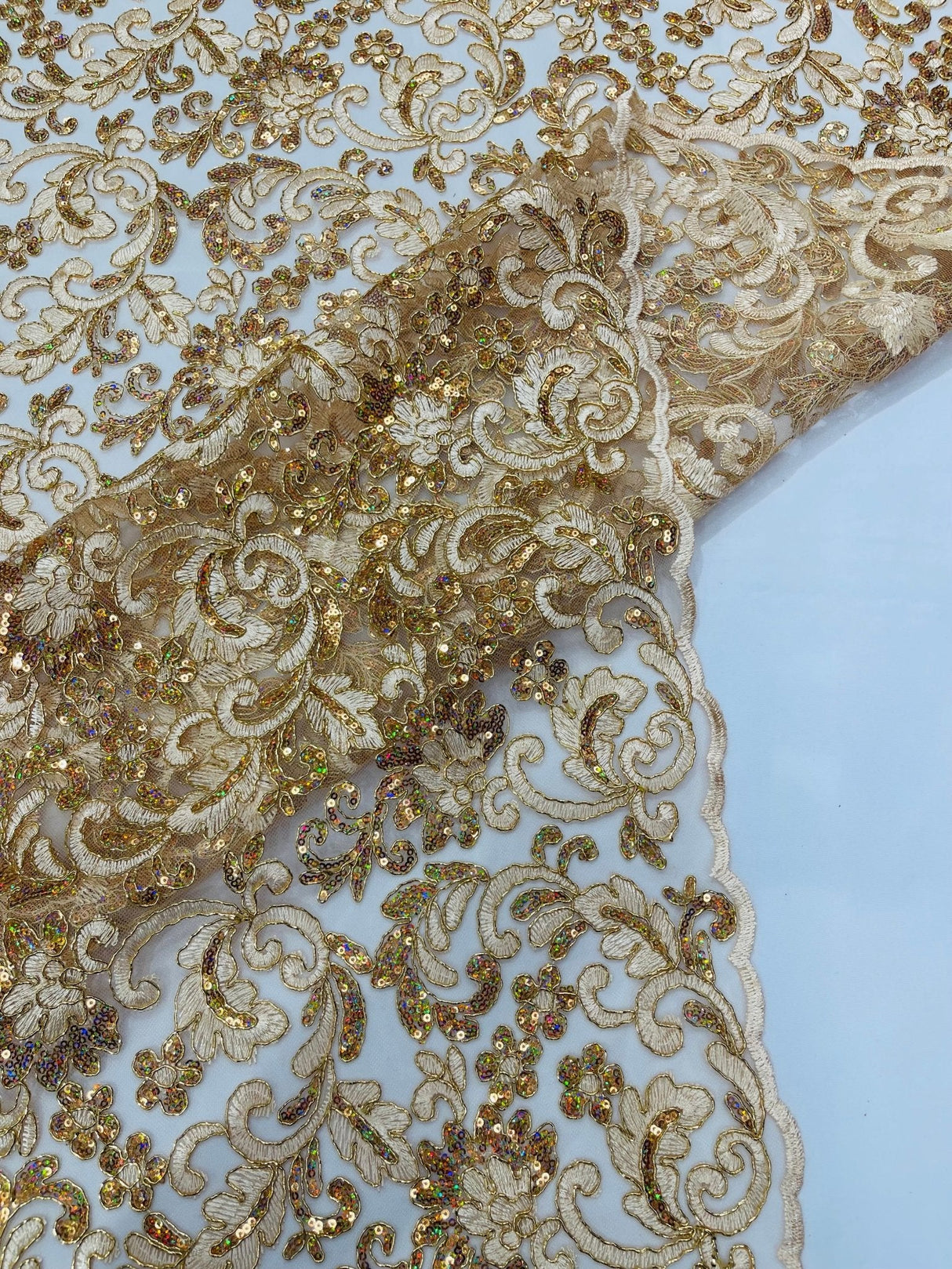 Metallic Corded Lace Design Embroidered Lace Fabric - Metallic Floral Sequins, 54" Width (1 Yard)
