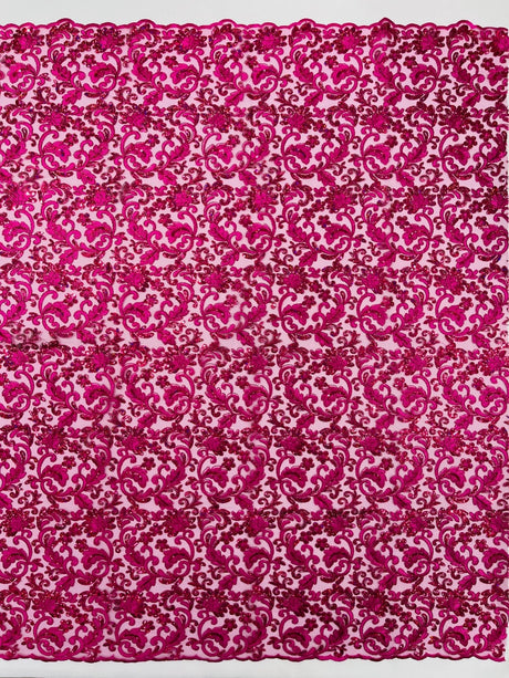 Metallic Corded Lace Design Embroidered Lace Fabric - Metallic Floral Sequins, 54" Width (1 Yard)
