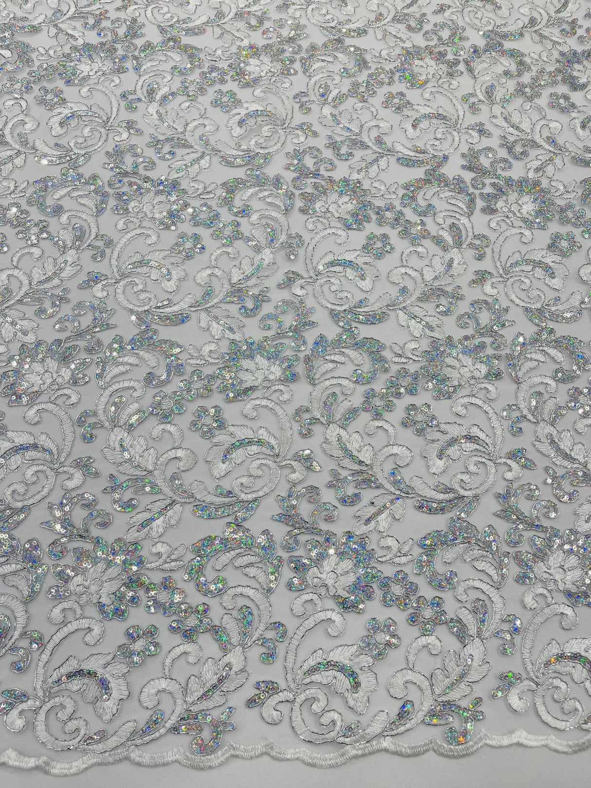 Metallic Corded Lace Design Embroidered Lace Fabric - Metallic Floral Sequins, 54" Width (1 Yard)