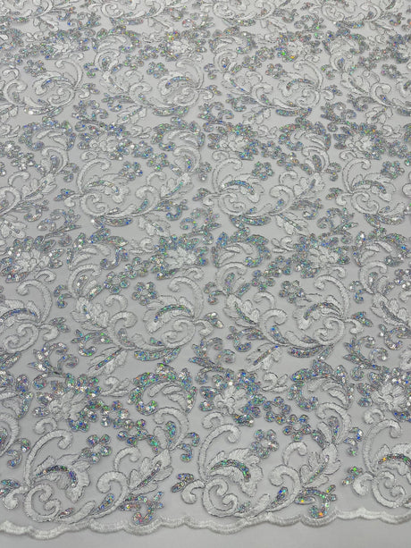 Metallic Corded Lace Design Embroidered Lace Fabric - Metallic Floral Sequins, 54" Width (1 Yard)