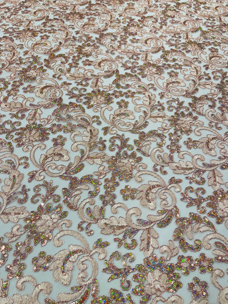 Metallic Corded Lace Design Embroidered Lace Fabric - Metallic Floral Sequins, 54" Width (1 Yard)