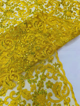 Metallic Corded Lace Design Embroidered Lace Fabric - Metallic Floral Sequins, 54" Width (1 Yard)