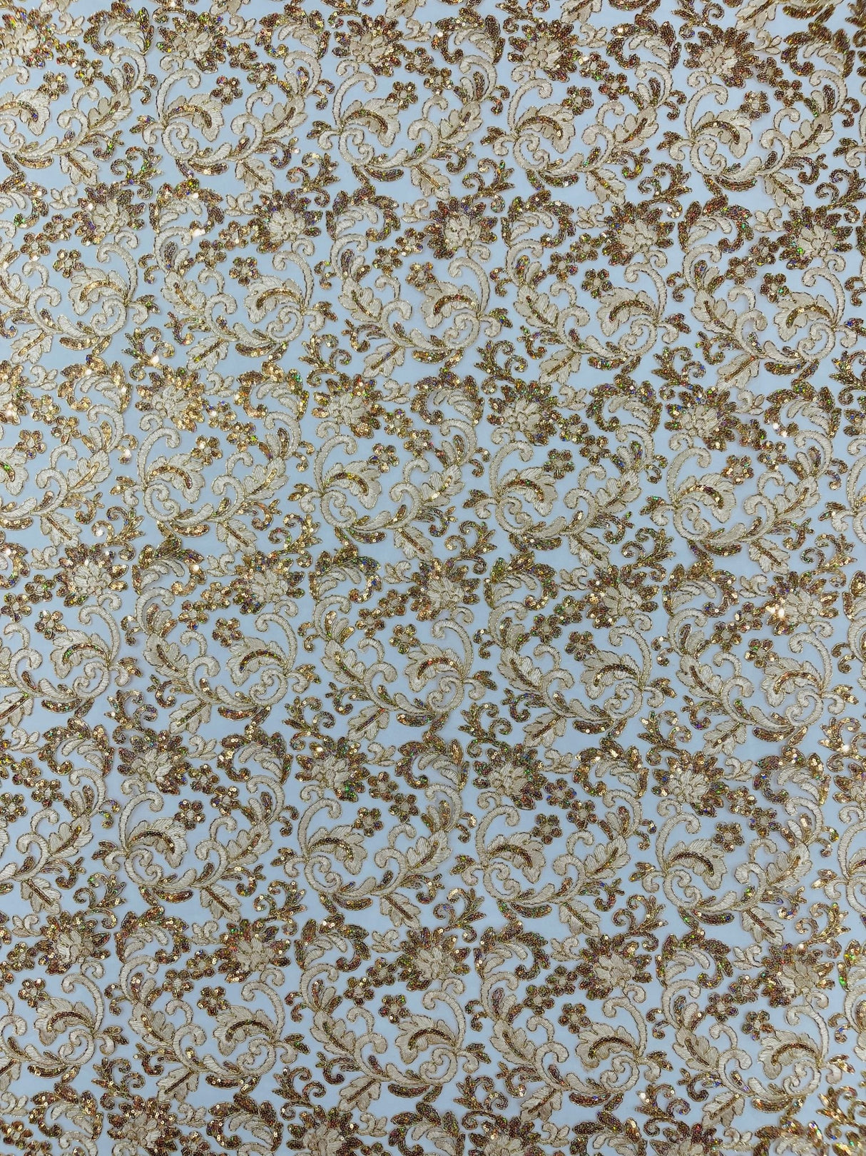 Metallic Corded Lace Design Embroidered Lace Fabric - Metallic Floral Sequins, 54" Width (1 Yard)