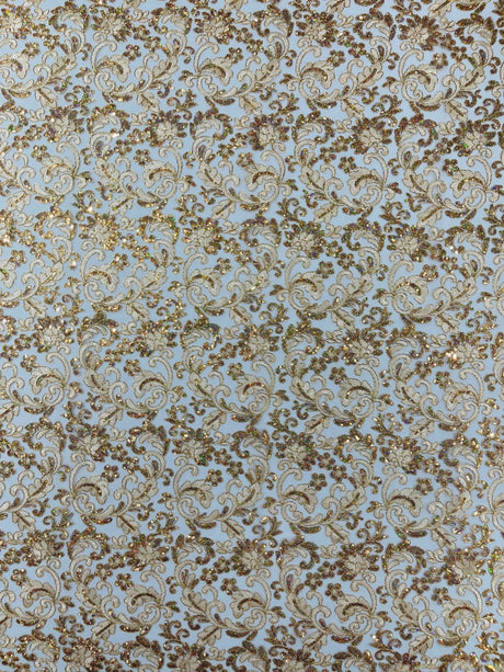 Metallic Corded Lace Design Embroidered Lace Fabric - Metallic Floral Sequins, 54" Width (1 Yard)