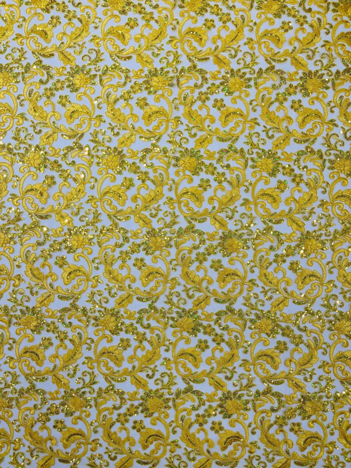 Metallic Corded Lace Design Embroidered Lace Fabric - Metallic Floral Sequins, 54" Width (1 Yard)