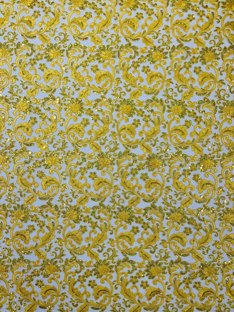 Metallic Corded Lace Design Embroidered Lace Fabric - Metallic Floral Sequins, 54" Width (1 Yard)