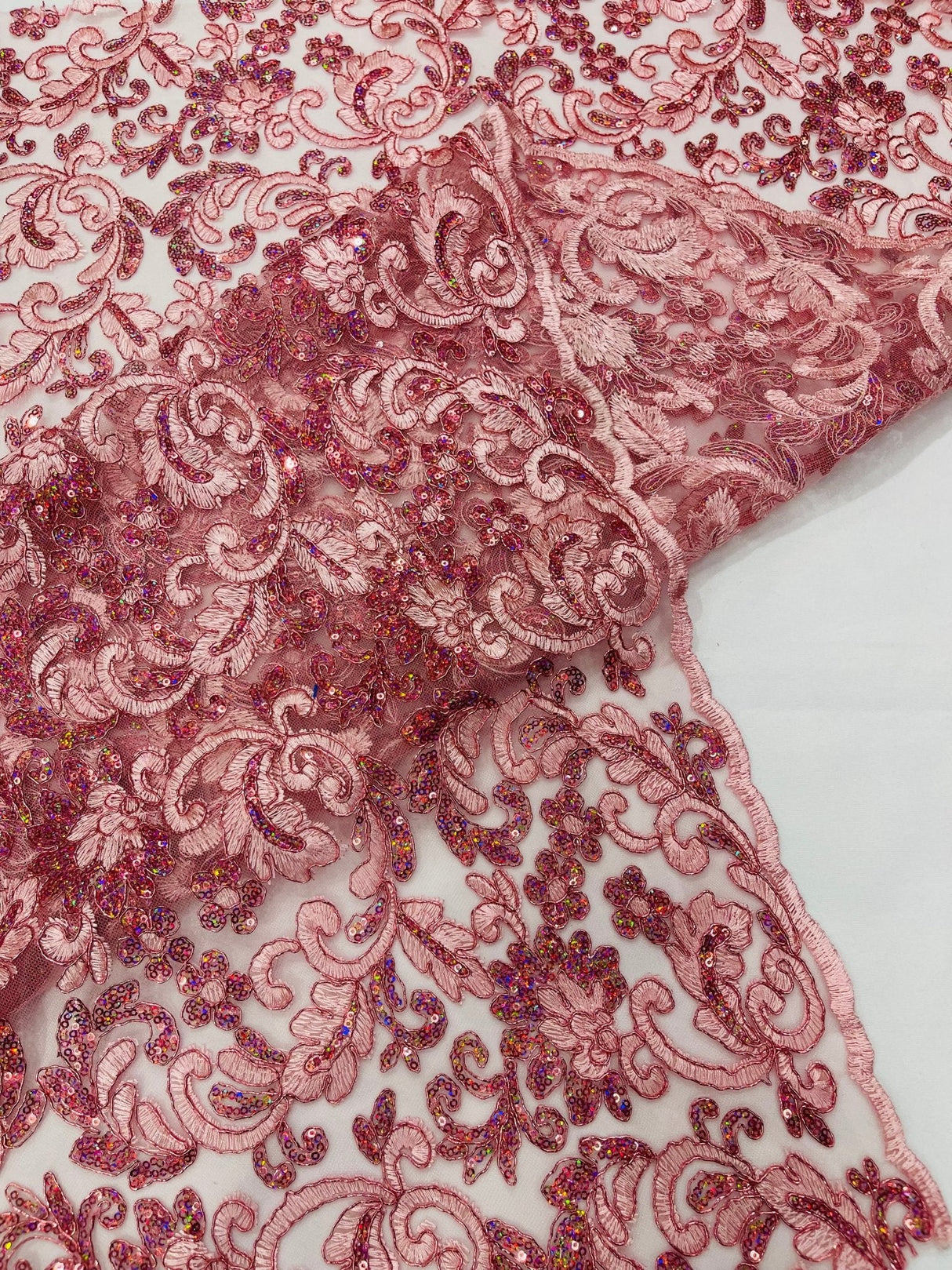 Metallic Corded Lace Design Embroidered Lace Fabric - Metallic Floral Sequins, 54" Width (1 Yard)