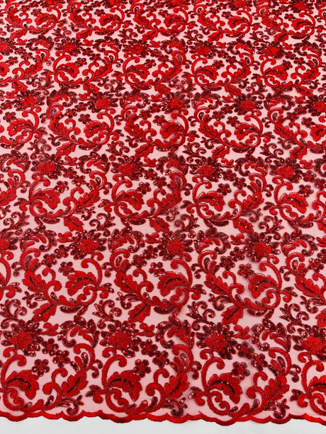 Metallic Corded Lace Design Embroidered Lace Fabric - Metallic Floral Sequins, 54" Width (1 Yard)