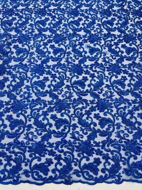 Metallic Corded Lace Design Embroidered Lace Fabric - Metallic Floral Sequins, 54" Width (1 Yard)