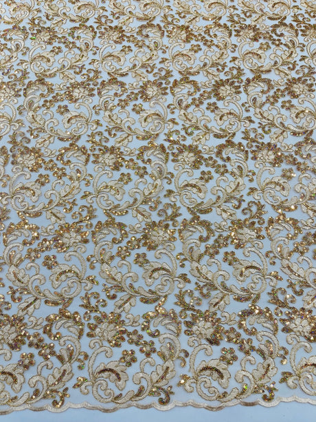 Metallic Corded Lace Design Embroidered Lace Fabric - Metallic Floral Sequins, 54" Width (1 Yard)