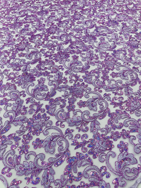 Metallic Corded Lace Design Embroidered Lace Fabric - Metallic Floral Sequins, 54" Width (1 Yard)
