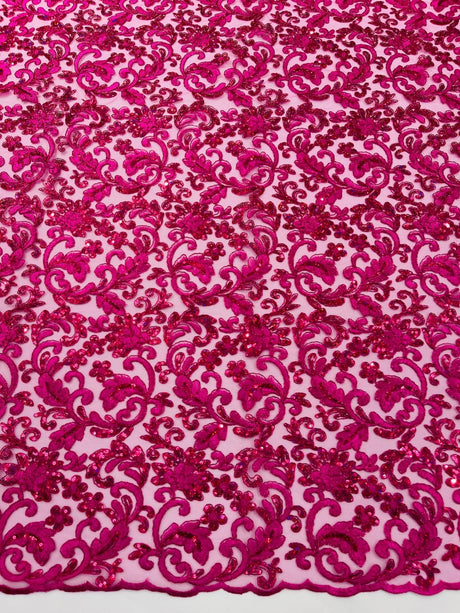 Metallic Corded Lace Design Embroidered Lace Fabric - Metallic Floral Sequins, 54" Width (1 Yard)