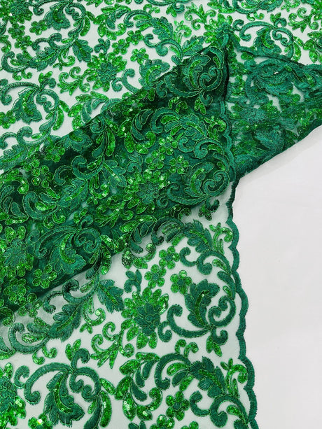 Metallic Corded Lace Design Embroidered Lace Fabric - Metallic Floral Sequins, 54" Width (1 Yard)