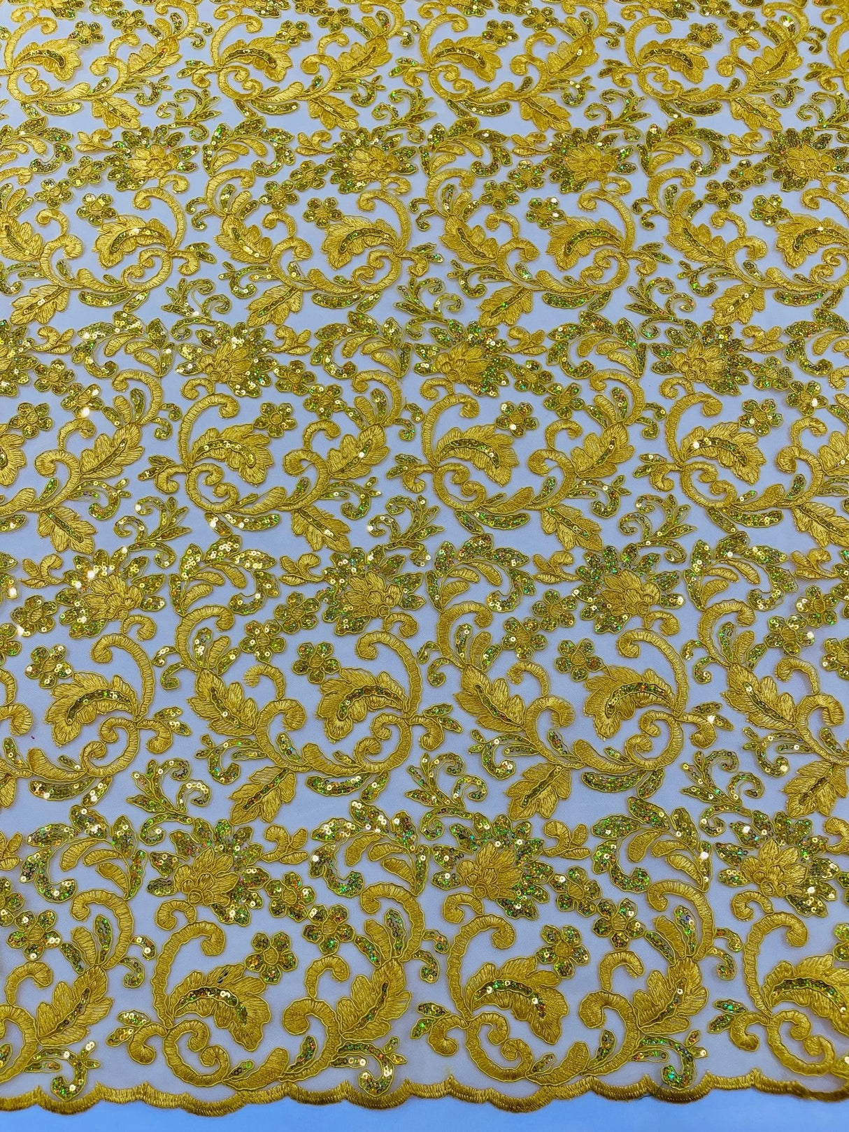 Metallic Corded Lace Design Embroidered Lace Fabric - Metallic Floral Sequins, 54" Width (1 Yard)