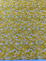Metallic Corded Lace Design Embroidered Lace Fabric - Metallic Floral Sequins, 54" Width (1 Yard)