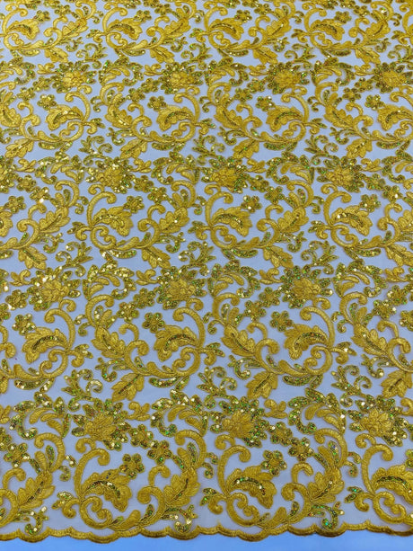 Metallic Corded Lace Design Embroidered Lace Fabric - Metallic Floral Sequins, 54" Width (1 Yard)