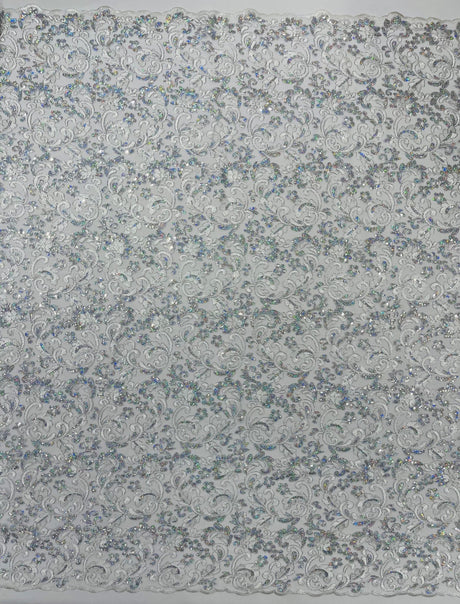 Metallic Corded Lace Design Embroidered Lace Fabric - Metallic Floral Sequins, 54" Width (1 Yard)