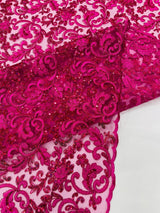 Metallic Corded Lace Design Embroidered Lace Fabric - Metallic Floral Sequins, 54" Width (1 Yard)