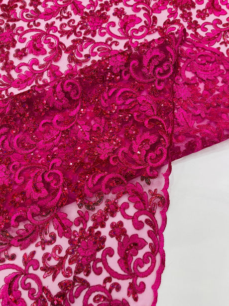 Metallic Corded Lace Design Embroidered Lace Fabric - Metallic Floral Sequins, 54" Width (1 Yard)