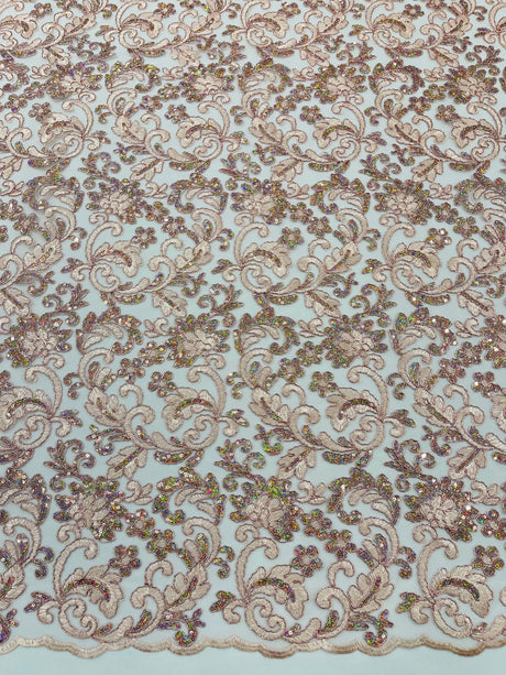 Metallic Corded Lace Design Embroidered Lace Fabric - Metallic Floral Sequins, 54" Width (1 Yard)