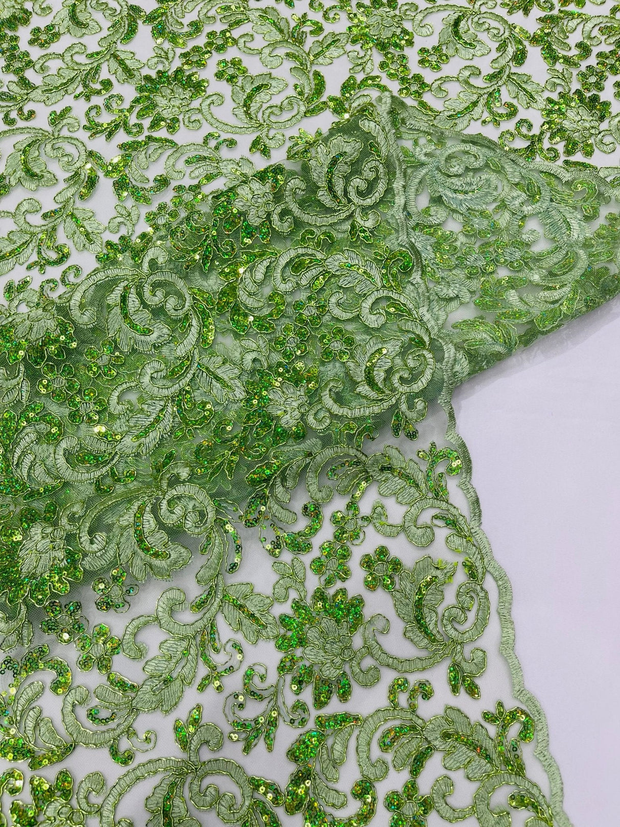 Metallic Corded Lace Design Embroidered Lace Fabric - Metallic Floral Sequins, 54" Width (1 Yard)