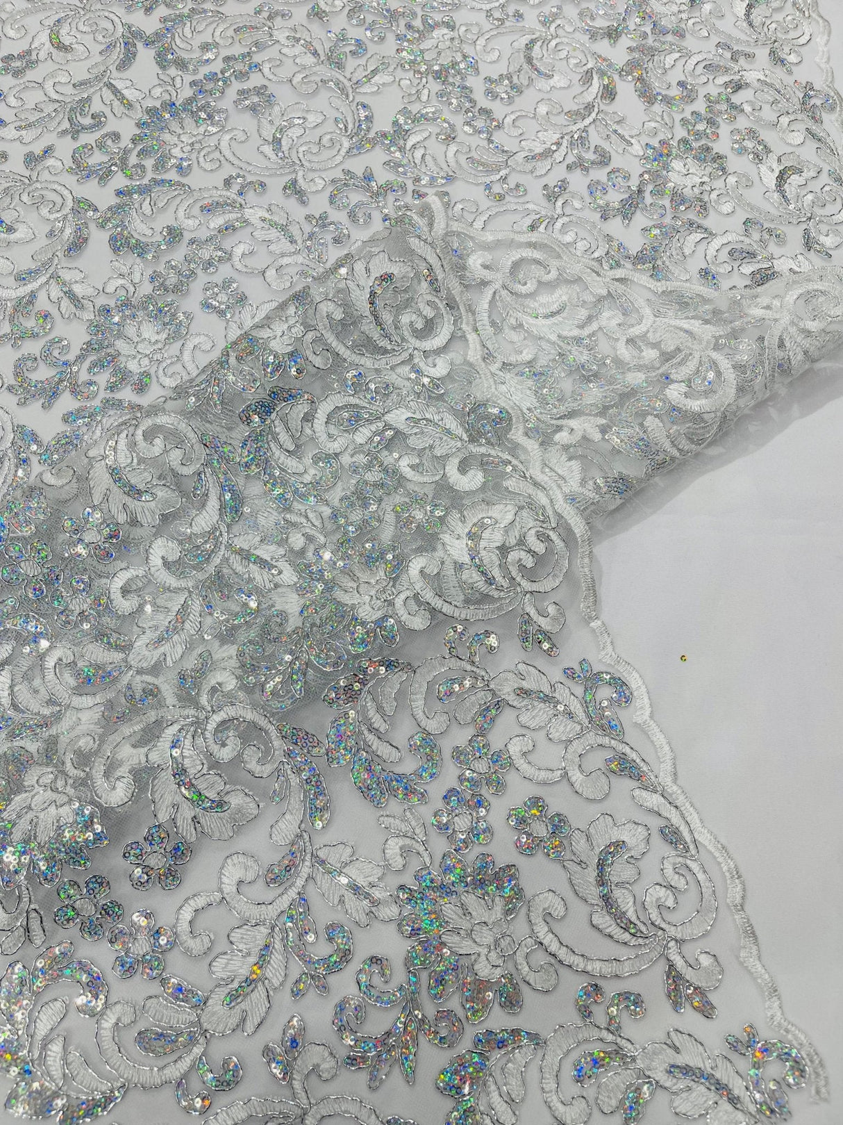 Metallic Corded Lace Design Embroidered Lace Fabric - Metallic Floral Sequins, 54" Width (1 Yard)