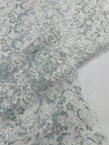 Metallic Corded Lace Design Embroidered Lace Fabric - Metallic Floral Sequins, 54" Width (1 Yard)