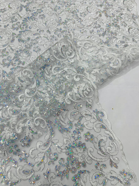 Metallic Corded Lace Design Embroidered Lace Fabric - Metallic Floral Sequins, 54" Width (1 Yard)
