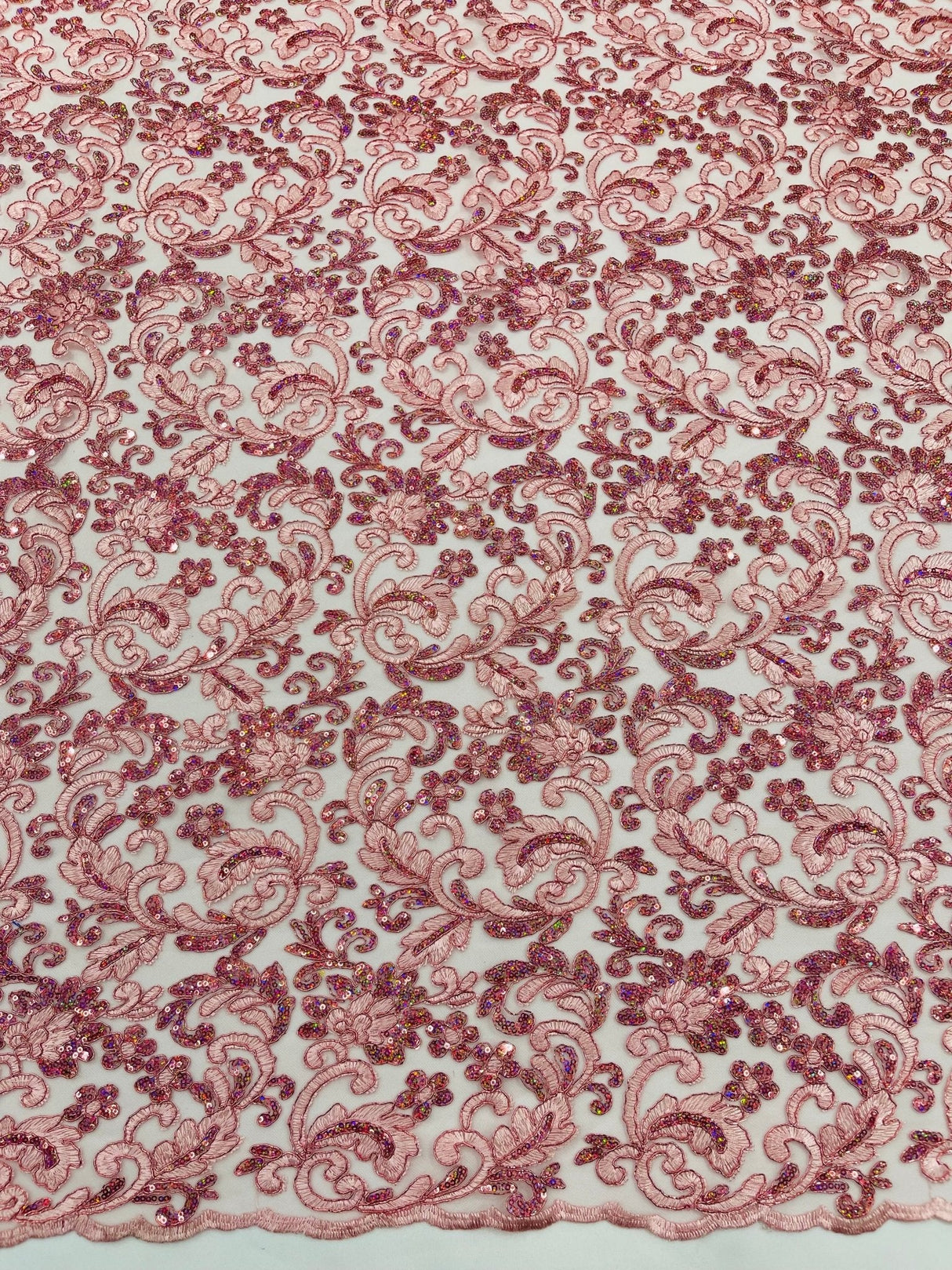 Metallic Corded Lace Design Embroidered Lace Fabric - Metallic Floral Sequins, 54" Width (1 Yard)