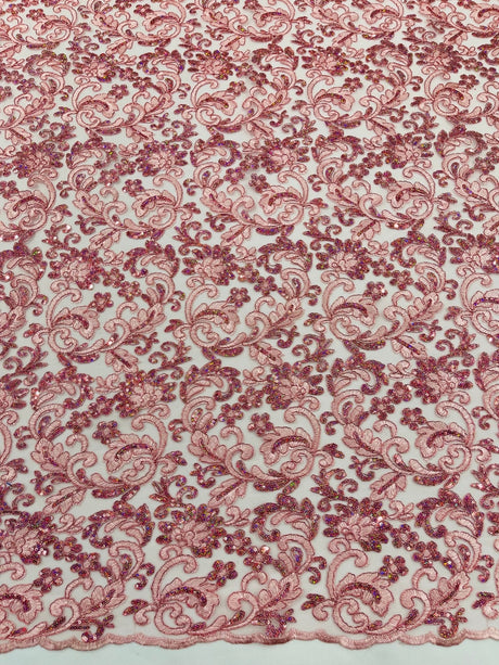 Metallic Corded Lace Design Embroidered Lace Fabric - Metallic Floral Sequins, 54" Width (1 Yard)